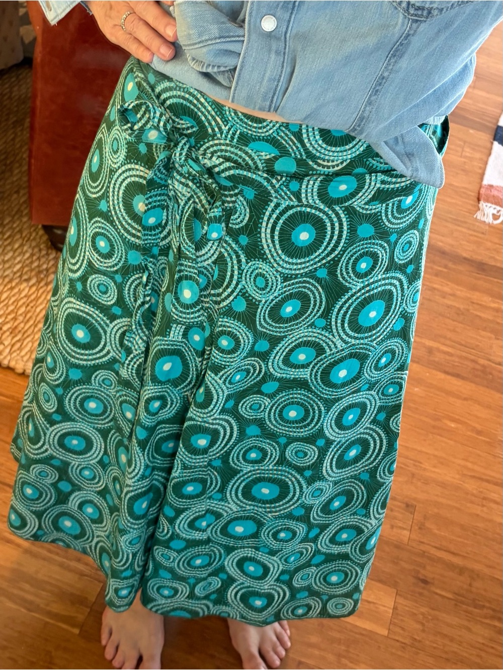 Teal & Turquoise Circular Print Cotton Wrap Skirt